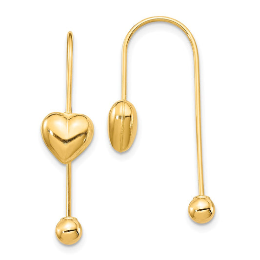 14k Yellow Gold Puffed Heart w/Screw End Threader Earrings