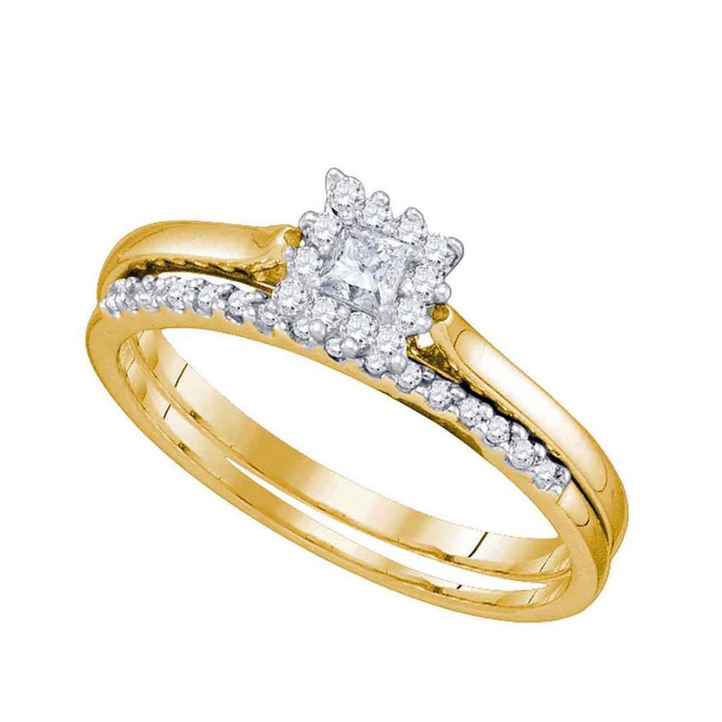 10k Yellow Gold Princess Diamond Halo Bridal Wedding Ring Set 1/4 Cttw