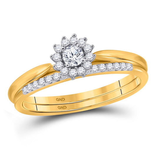 10k Yellow Gold Round Diamond Halo Bridal Wedding Ring Set 1/4 Cttw