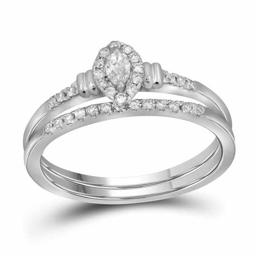 14k White Gold Marquise Diamond Bridal Wedding Ring Set 1/5 Cttw