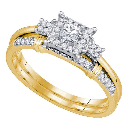 10k Yellow Gold Princess Diamond Halo Bridal Engagement Ring Set 1/3 Cttw