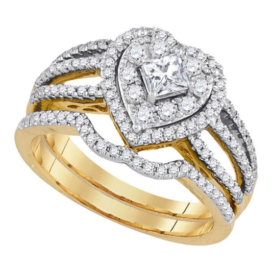 14k Yellow Gold Princess Diamond Heart Bridal Wedding Ring Set 7/8 Cttw