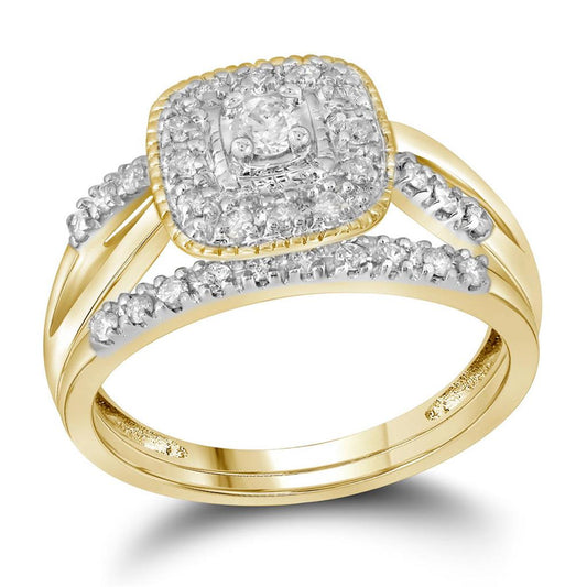 10k Yellow Gold Round Diamond Square Halo Bridal Wedding Ring Set 1/3 Cttw