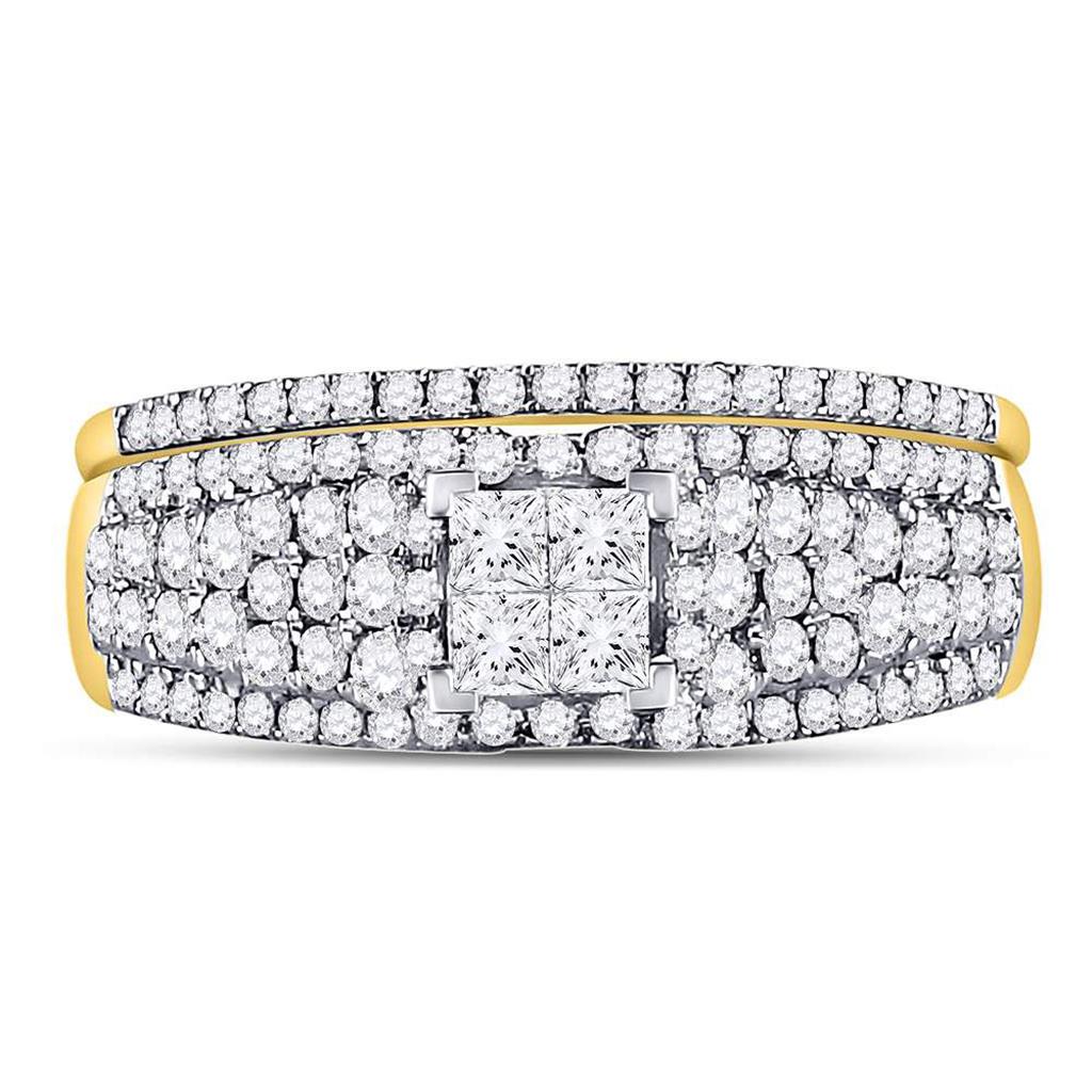 14k Yellow Gold Princess Diamond Cluster Bridal Wedding Ring Set 1 Cttw