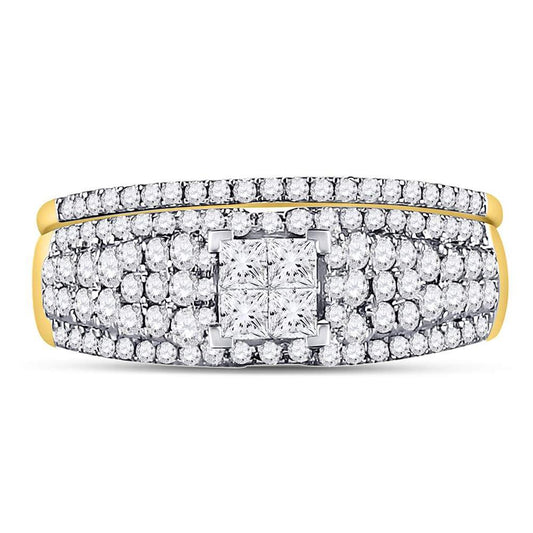 14k Yellow Gold Princess Diamond Cluster Bridal Wedding Ring Set 1 Cttw