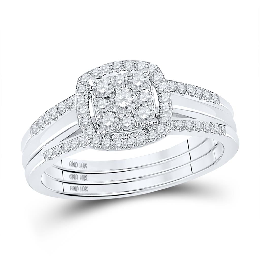 14k White Gold Round Diamond 3-Piece Bridal Wedding Ring Set 1/2 Cttw