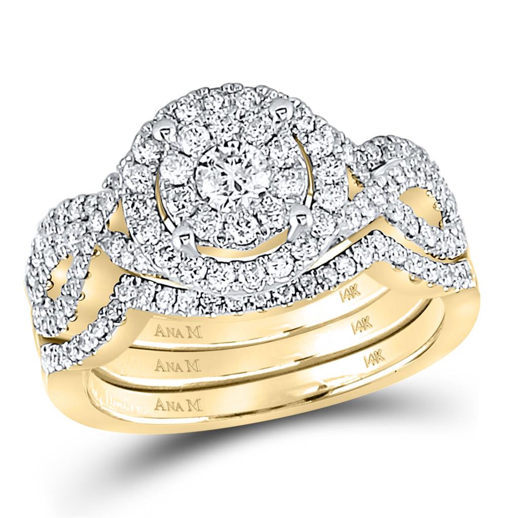 14k Yellow Gold Round Diamond 3-Piece Bridal Wedding Ring Set 1 Cttw