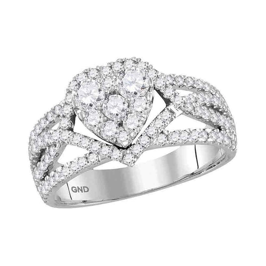 14k White Gold Round Diamond Cluster Heart Bridal Engagement Ring 1 Cttw