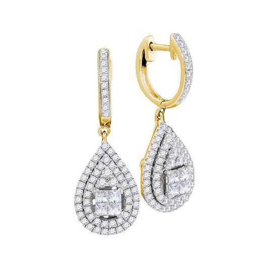 14k Yellow Gold Princess Diamond Teardrop Frame Cluster Earrings 1 Cttw