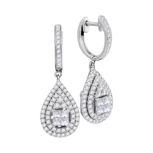 14k White Gold Princess Diamond Teardrop Frame Cluster Earrings 1 Cttw