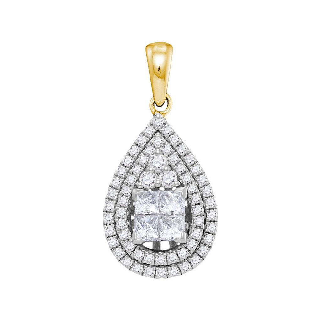 14k Yellow Gold Princess Diamond Teardrop Cluster Pendant 1 Cttw