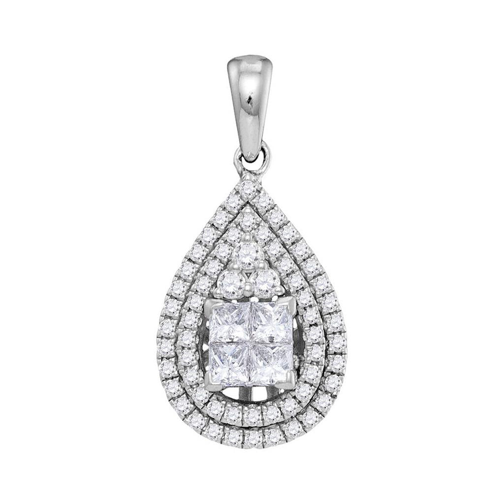 14k White Gold Princess Diamond Teardrop Cluster Pendant 1 Cttw