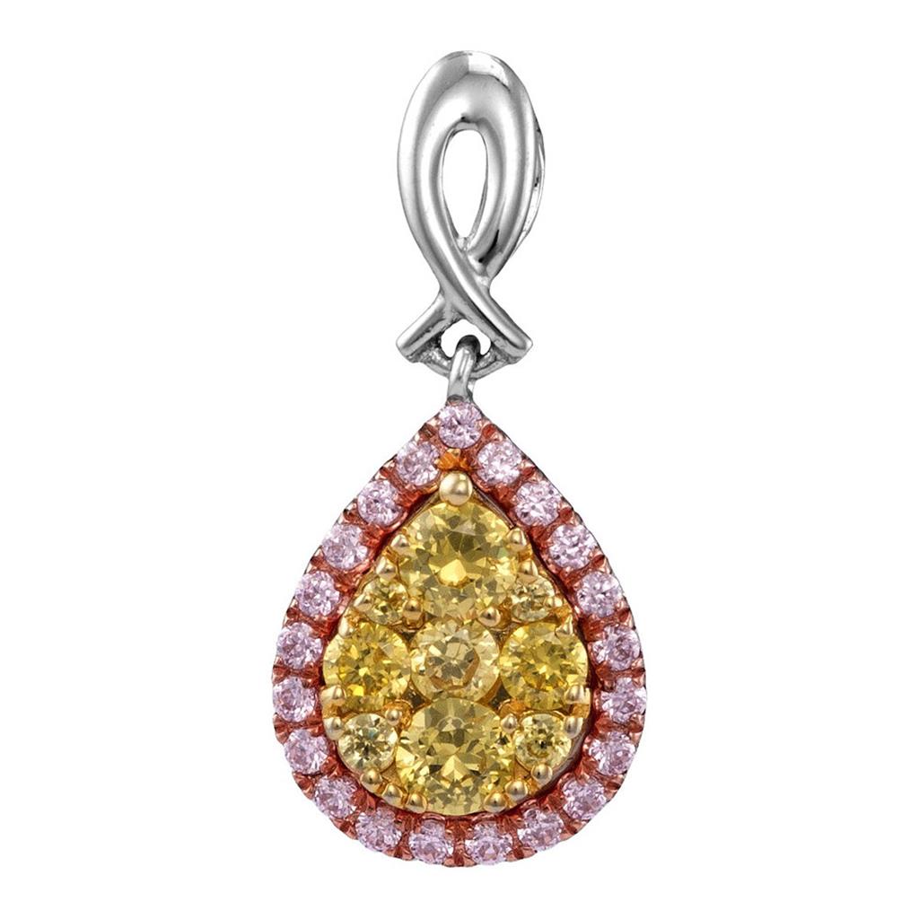 14k White Gold Round Yellow Pink Diamond Teardrop Cluster Pendant 5/8 Cttw