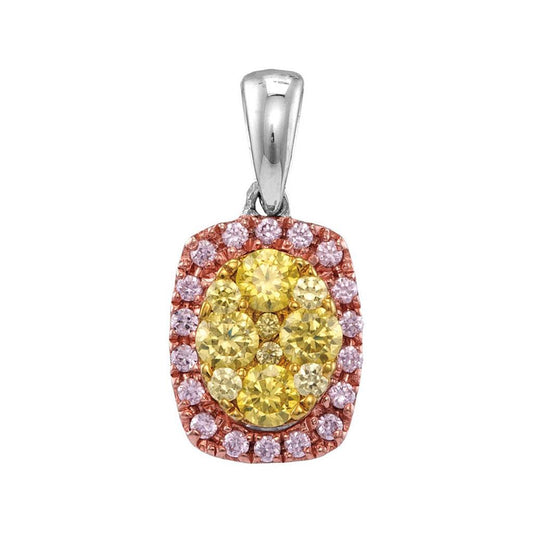 14k White Gold Round Yellow Pink Diamond Oval Frame Cluster Pendant 3/4 Cttw