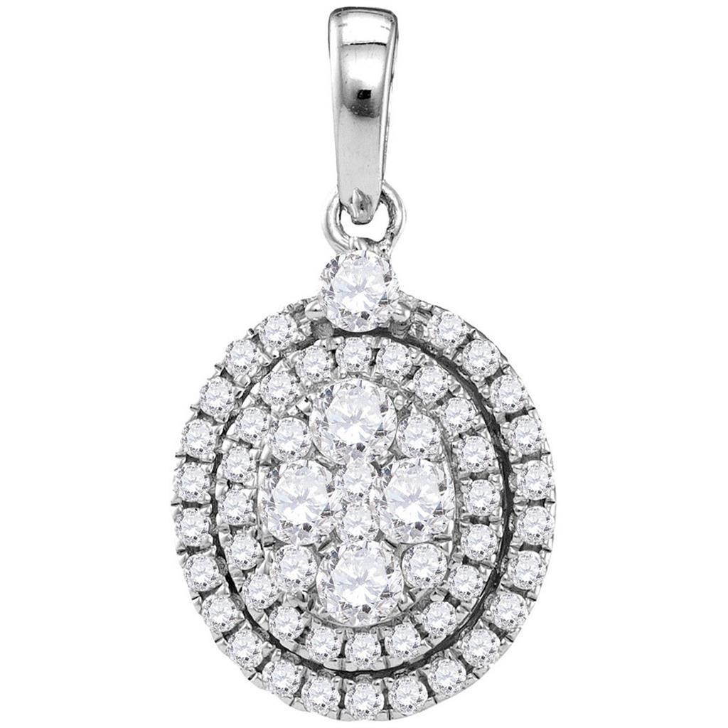 14k White Gold Round Diamond Oval Cluster Pendant 1 Cttw