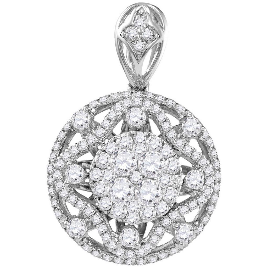 14k White Gold Round Diamond Cluster Circle Pendant 1-5/8 Cttw