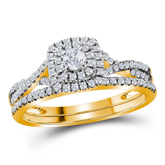 10k Yellow Gold Round Diamond Halo Bridal Wedding Ring Set 1/2 Cttw