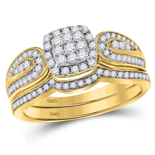 10k Yellow Gold Round Diamond Cluster Bridal Wedding Ring Set 1/2 Cttw