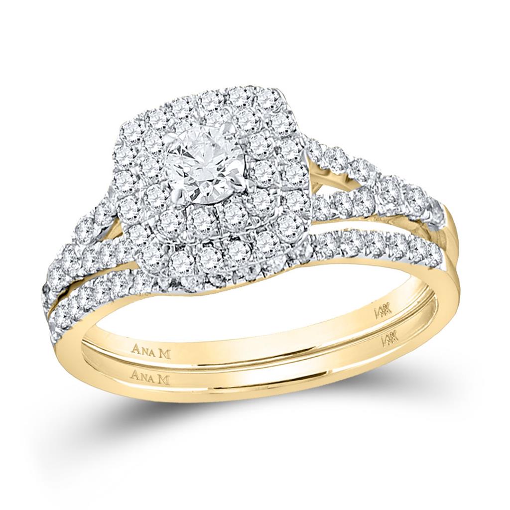 14k Yellow Gold Round Diamond Double Halo Bridal Wedding Ring Set 1 Cttw (Certified)