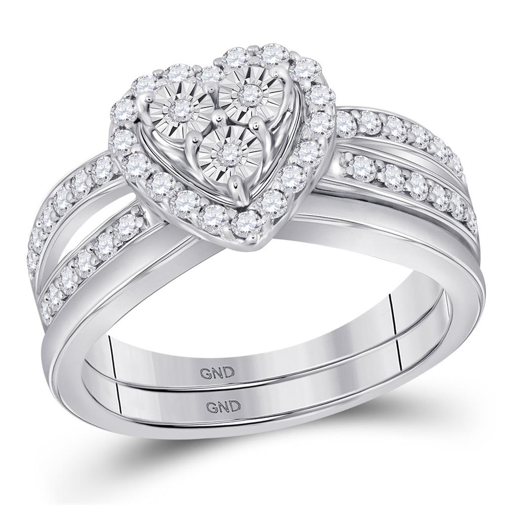 14k White Gold Diamond Heart Bridal Wedding Ring Set 3/4 Cttw