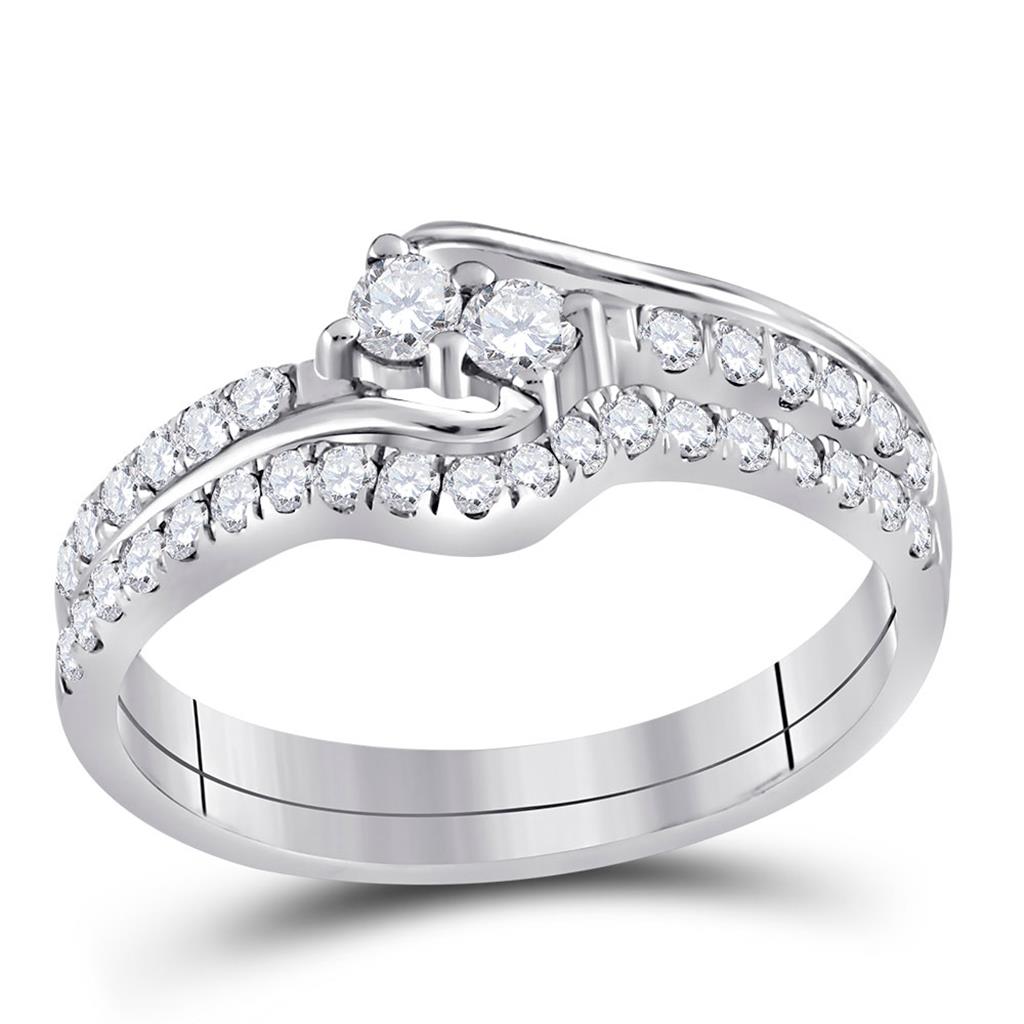 14k White Gold Diamond 2-stone Hearts Together Bridal Wedding Ring Set 1/2 Cttw