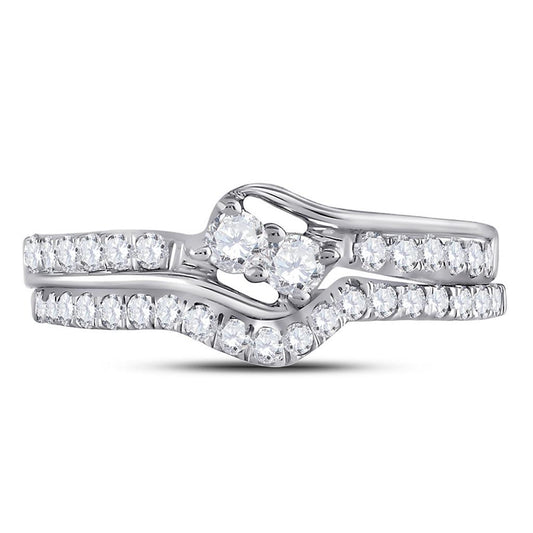 14k White Gold Diamond 2-stone Hearts Together Bridal Wedding Ring Set 1/2 Cttw