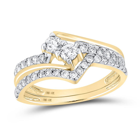 10k Yellow Gold Round Diamond 2-Stone Bridal Wedding Ring Set 3/4 Cttw (Certified)