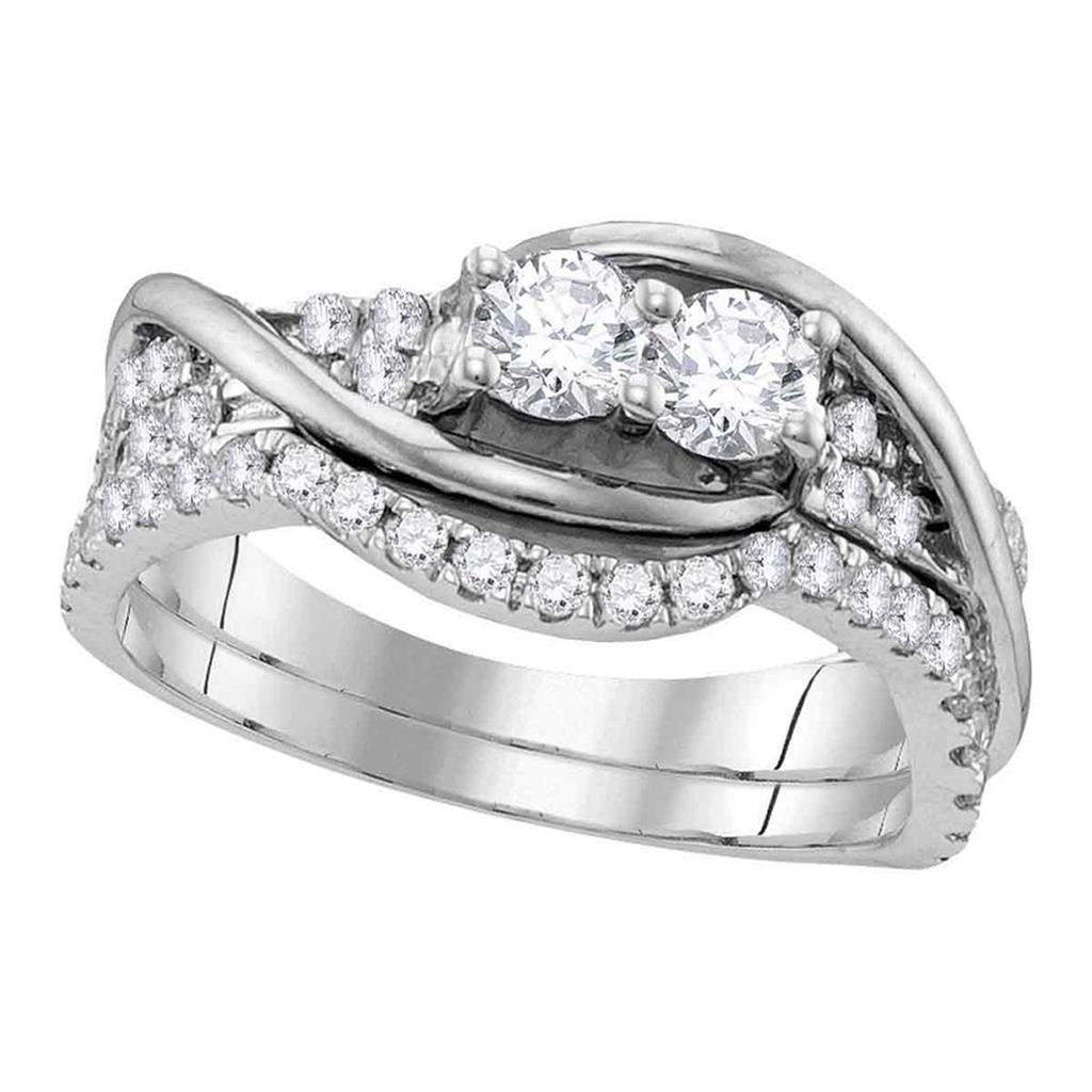 14k White Gold Diamond 2-stone Hearts Together Bridal Wedding Ring Set 1/2 Cttw