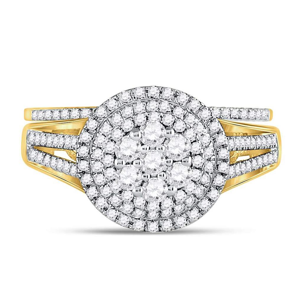 10k Yellow Gold Round Diamond Cluster Bridal Wedding Ring Set 7/8 Cttw