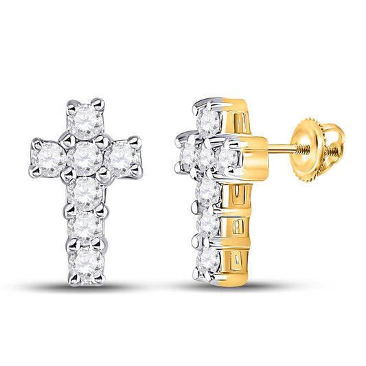 10k Yellow Gold Round Diamond Roman Cross Stud Earrings 1/4 Cttw