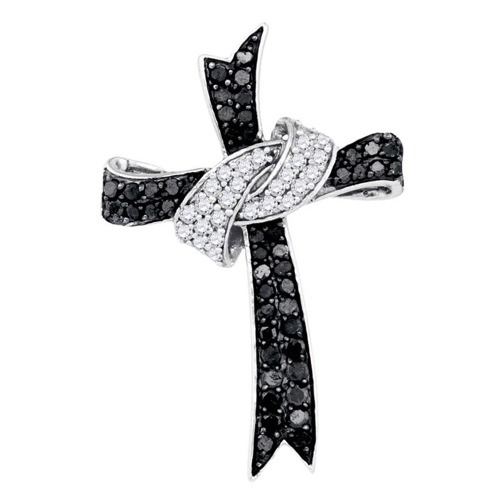 14k White Gold Black Diamond Cross Pendant 3/4 Cttw