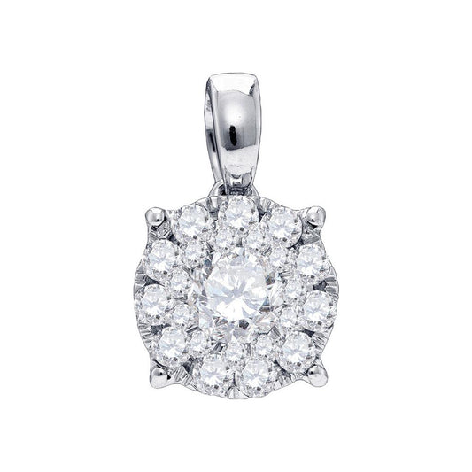 14k White Gold Round Diamond Cluster Pendant 1 Cttw