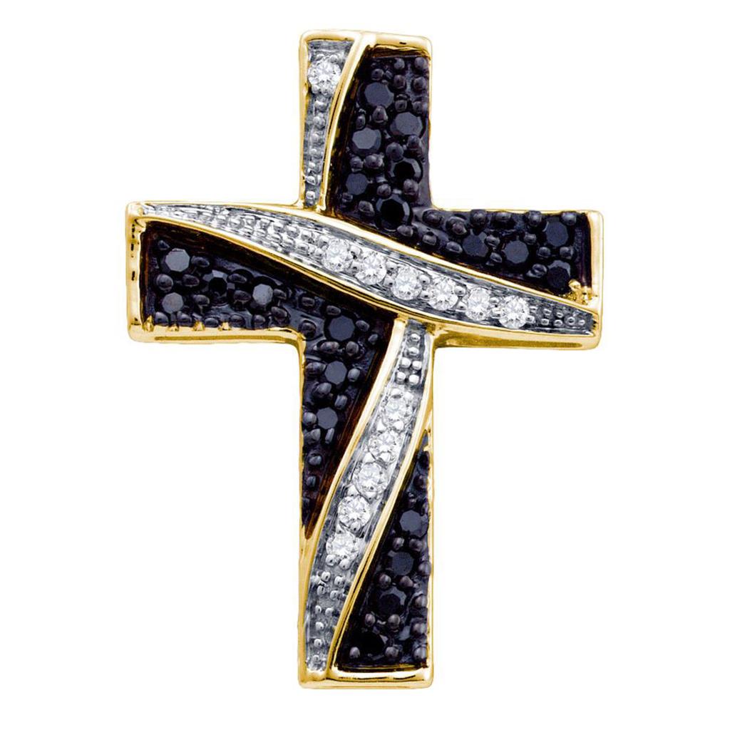 14k Yellow Gold Round Black Diamond Cross Pendant 1/4 Cttw