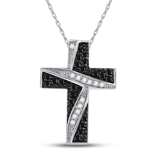 14k White Gold Round Black Diamond Cross Pendant 1/4 Cttw