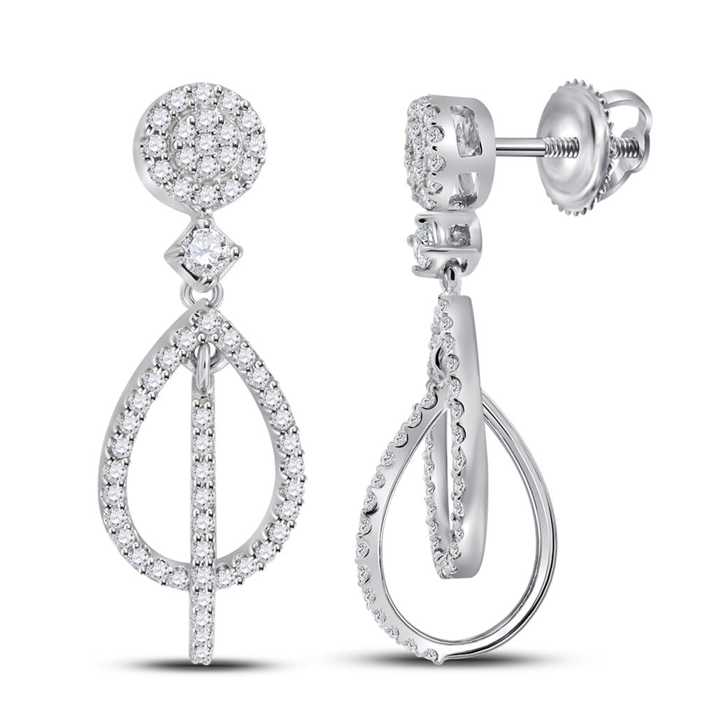 14k White Gold Round Diamond Double Teardrop Dangle Earrings 3/8 Cttw