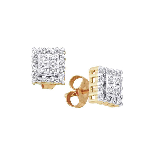 10k Yellow Gold Round Diamond Square Cluster Earrings 1/4 Cttw