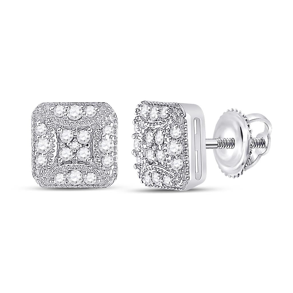 14k White Gold Round Diamond Beaded Square Cluster Earrings 1/4 Cttw