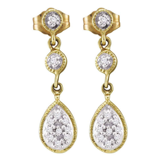 10k Yellow Gold Round Diamond Teardrop Cluster Dangle Earrings 1/8 Cttw