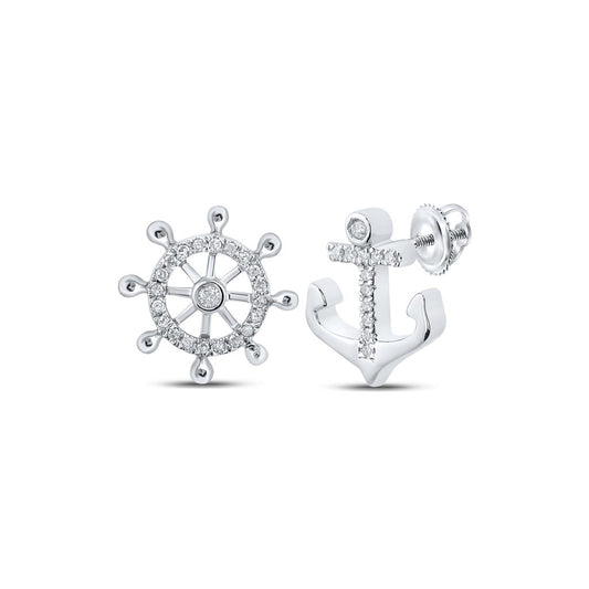 14k White Gold Round Diamond Anchor Wheel Stud Earrings 1/10 Cttw