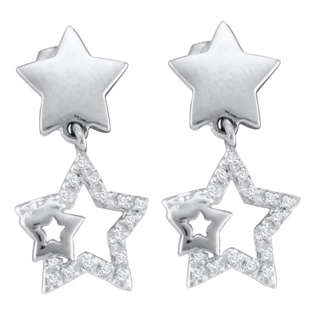 14k White Gold Round Diamond Star Dangle Earrings 1/10 Cttw