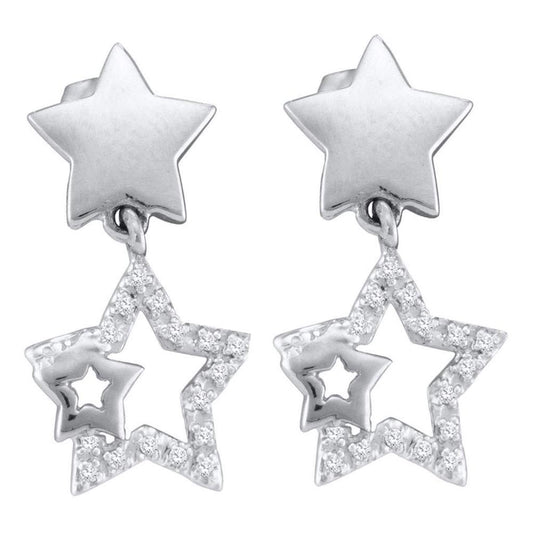 14k White Gold Round Diamond Star Dangle Earrings 1/10 Cttw