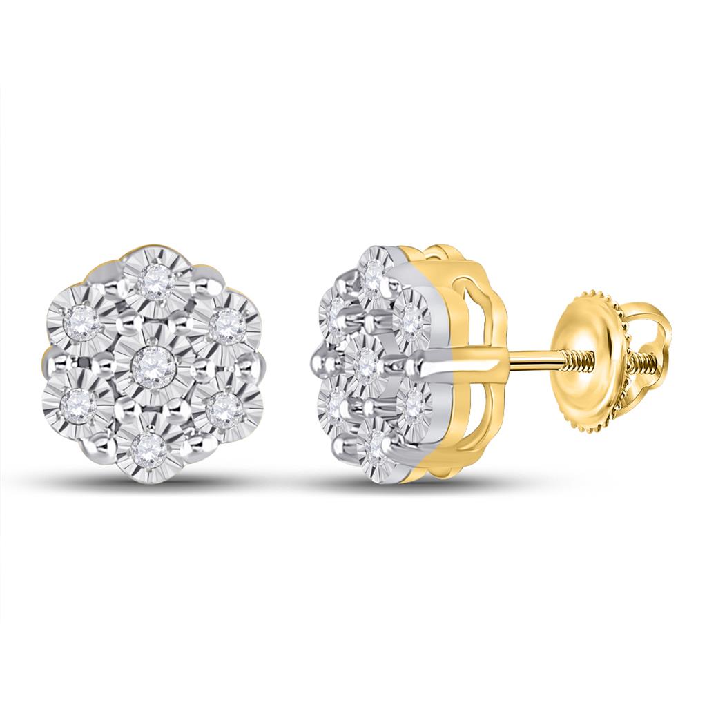 10k Yellow Gold Round Diamond Flower Cluster Earrings 1/10 Cttw