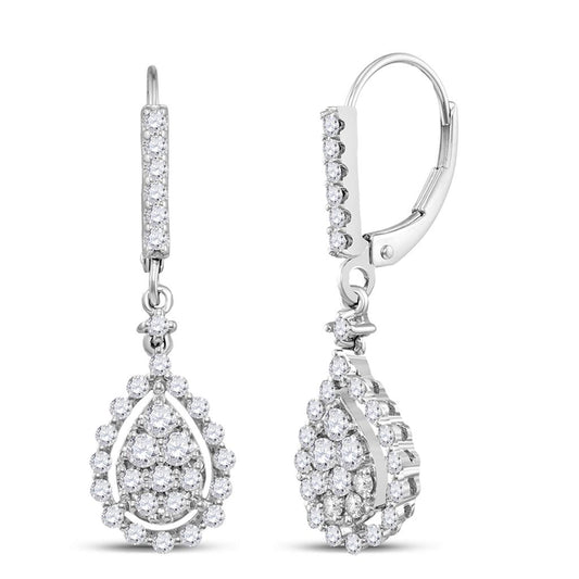 14k White Gold Round Diamond Teardrop Frame Cluster Dangle Earrings 7/8 Cttw