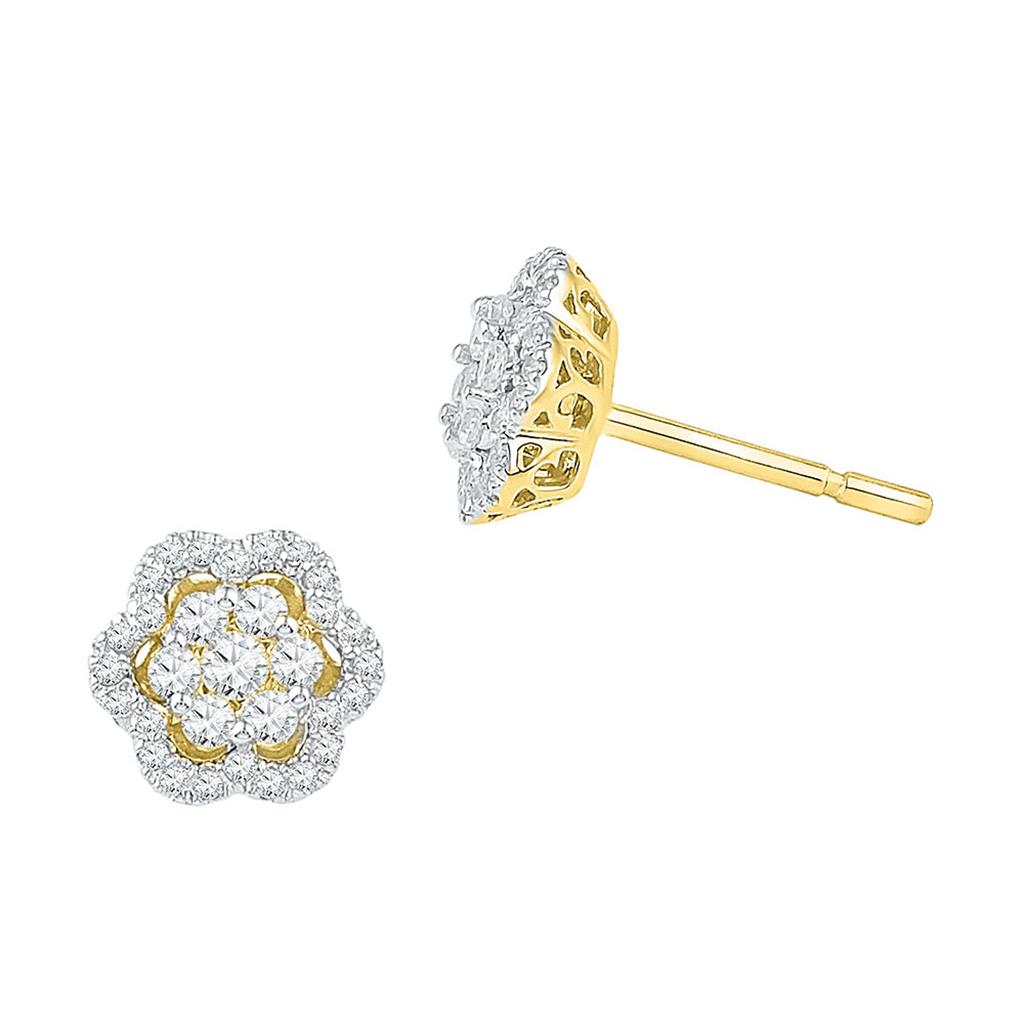 10k Yellow Gold Round Diamond Flower Cluster Stud Earrings 1/2 Cttw