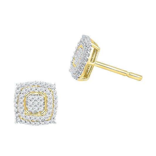 10k Yellow Gold Round Diamond Square Cluster Earrings 1/2 Cttw