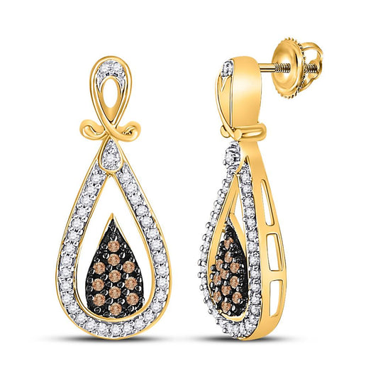 10k Yellow Gold Brown Diamond Teardrop Dangle Earrings 1/3 Cttw