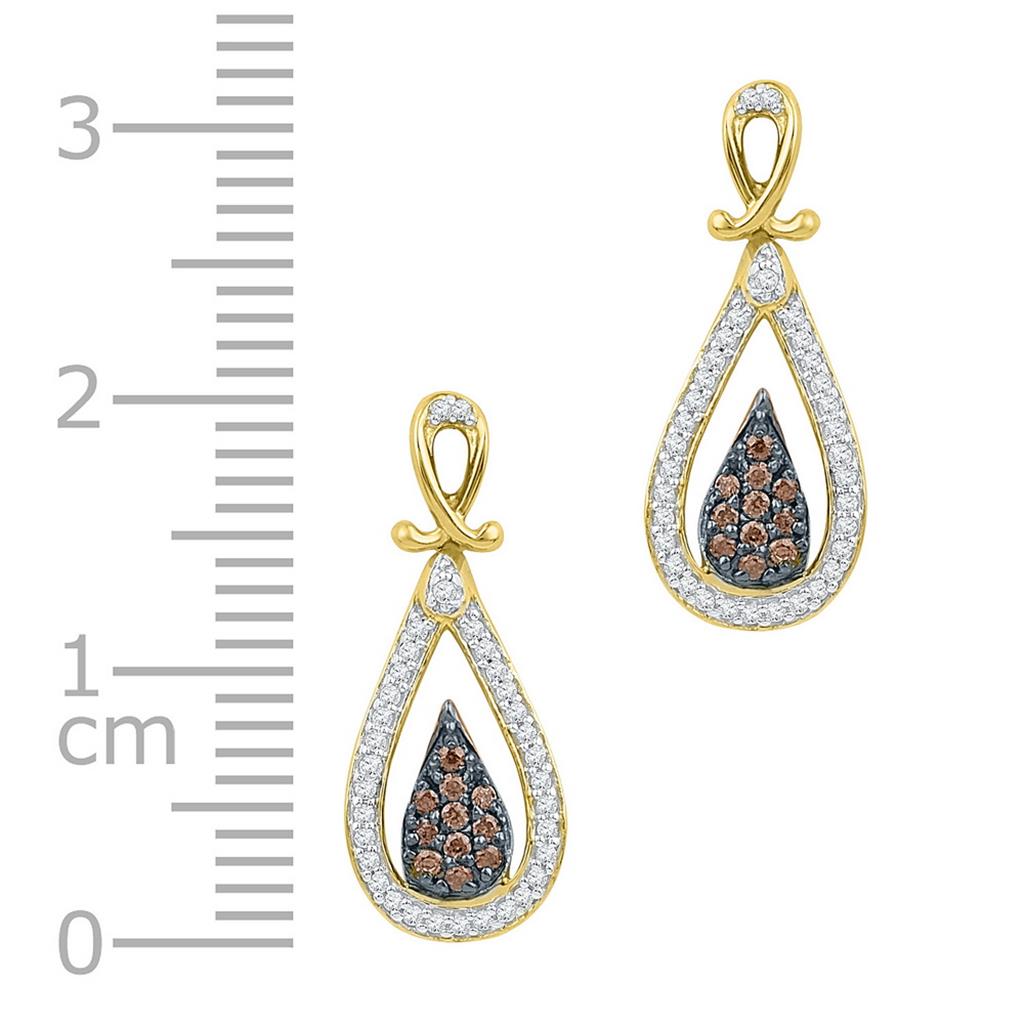 10k Yellow Gold Brown Diamond Teardrop Dangle Earrings 1/3 Cttw