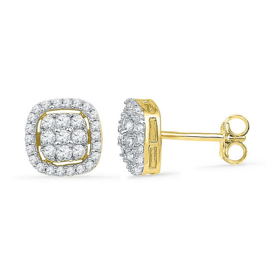 10k Yellow Gold Round Diamond Square Cluster Earrings 1/2 Cttw