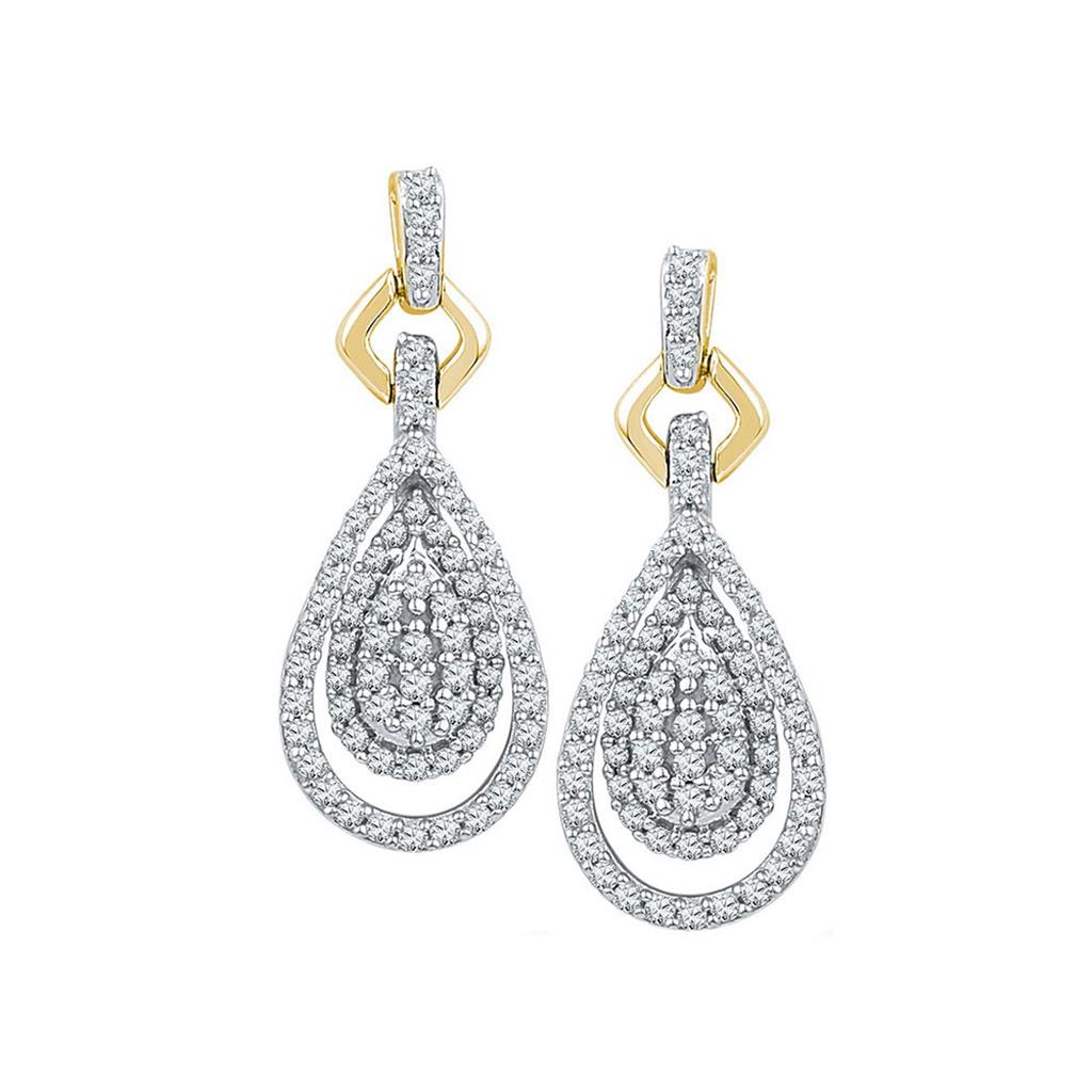 10k Yellow Gold Round Diamond Teardrop Cluster Dangle Earrings 1/2 Cttw