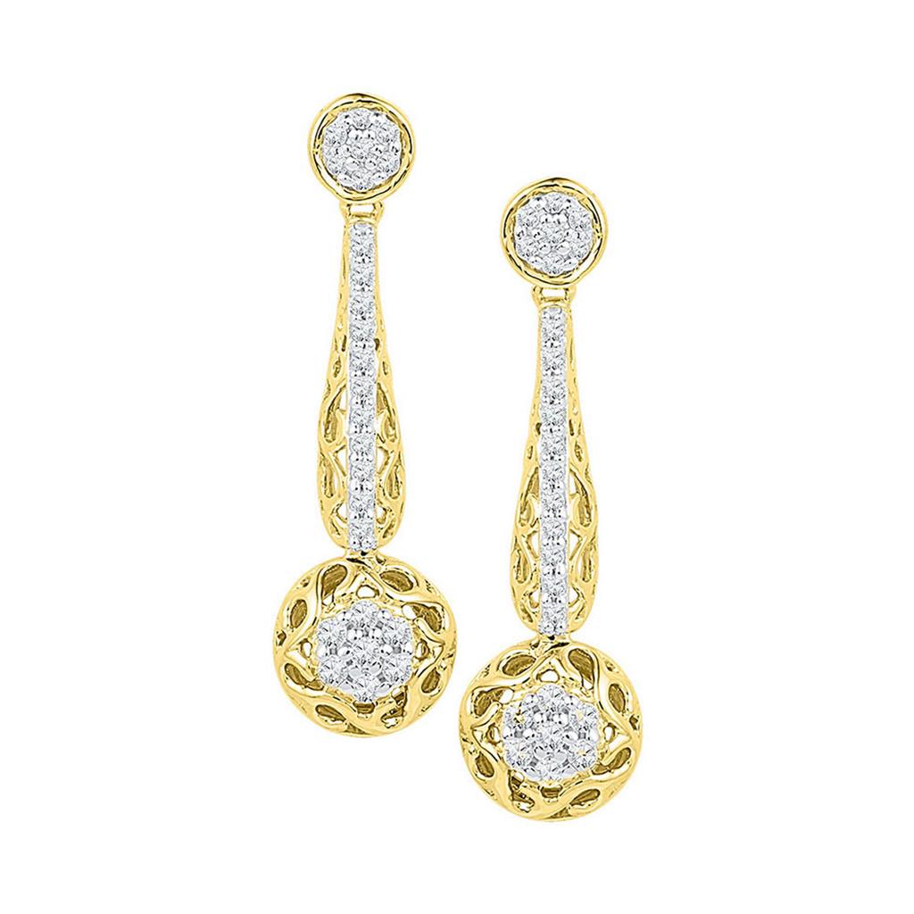 10k Yellow Gold Round Diamond Flower Cluster Dangle Earrings 1/3 Cttw